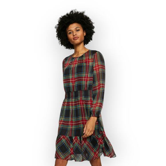 J. Crew Dresses & Skirts - J. Crew Cinched-Waist Dress M Stewart Tartan AG396 Ruffles Metallic Preppy Vivid
